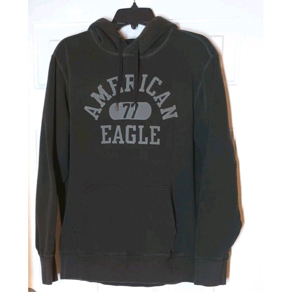 American Eagle AE Black Graphic Pullover Fleece Hoodie Super Soft Men’s Sz L